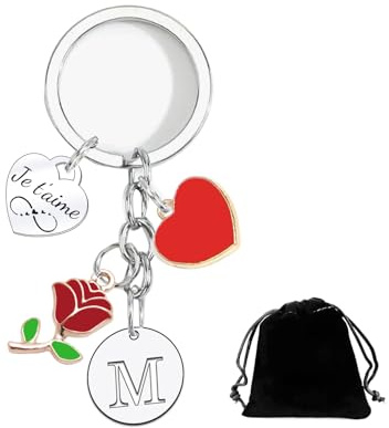 XWXWXW Cadeau de Saint-Valentin Porte-clés en forme de cœur Je t'aime Avec 26 des lettres (A-Z) Porte-clés Partenaire,Petit Porte-clés,Porte Cle Amour Cadeaux Saint Valentin,Porte Clef Amoureux (M)