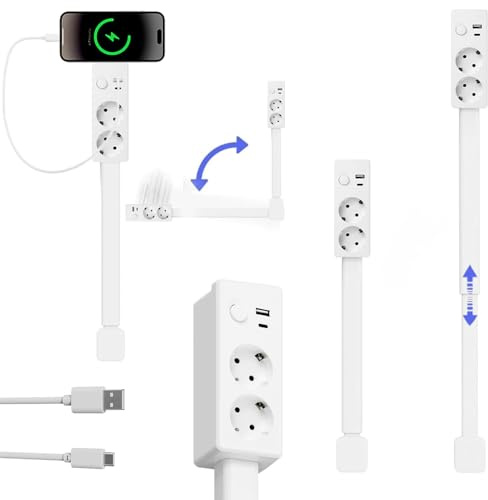 Regleta con puertos USB-A, USB-C y 2 tomas de corriente, extensión de pared extensible y giratoria, ideal para mesitas de noche, sofás, oficinas y otros lugares de difícil acceso.