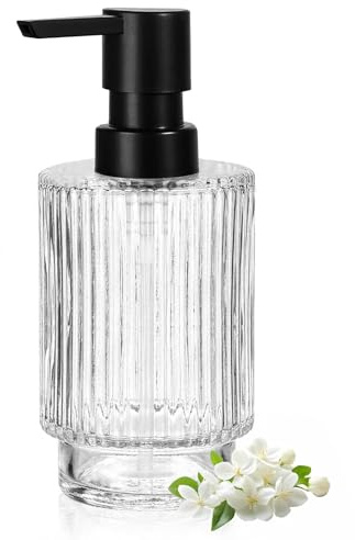 Glass Soap Dispenser Bottle - 11 Oz Liquid Hand Soap Dispenser with Pump Clear Refillable Liquid Hand Jar Dispenser Kitchen Ribbed Style Dish Soap Dispensers Glass Bottle for Bathroom Laundry Room