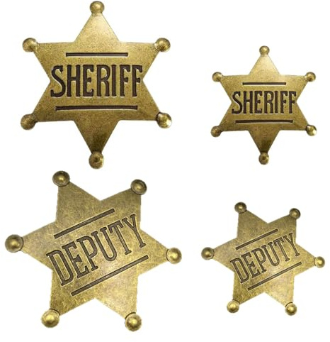 4 Stück Sheriffstern Metall Abzeichen für Cowboy Kostüm Karneval Fasching | Anstecknadel aus robustem Goldmetall, Western Zubehör Erwachsene, Mottoparty Dekoration, Geschenk Festival