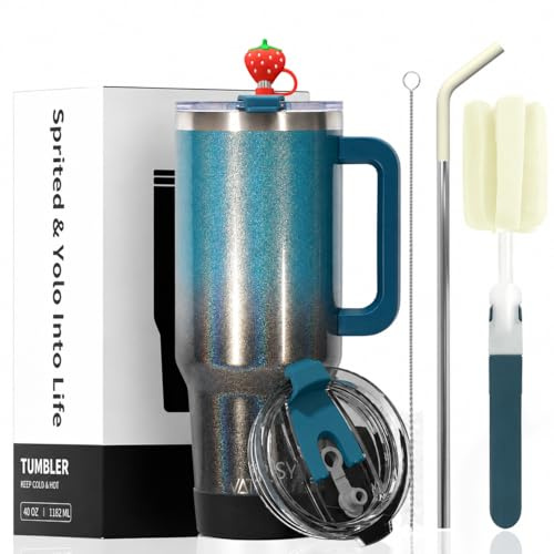 LeuKoles Watersy-termosmugg på 40 oz med handtag och sugrör, dubbelväggig rostfritt stål kaffemugg to Go (34 timmar kallhållande), vakuummugg för te, kalla drycker och kaffe (svart och blå)