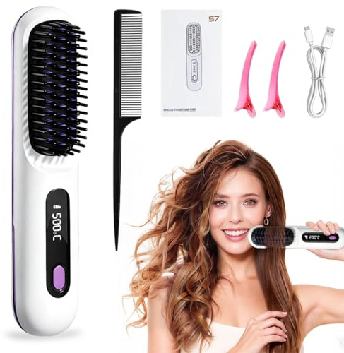 Stylingbürste für Kurze Haare, Kabellose Styling Bürste, Glättbürste Kabellos mit 3 Wärmestufen 160°C-200°C, Wiederaufladbare Beheizte Stylingbürsten für Reisen und Täglichen Gebrauch