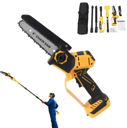 HuKaiL Sierra de cadena con batería de 15 cm con barra de extensión de 1,3-2,5 m, 600 W, 5,5 m/s, sin escobillas, 180°, ajustable para tijeras de podar, cortar madera