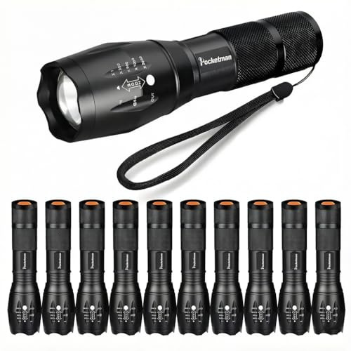 Pocketman LED Tactical Flashlight Super Bright LED Flashlights Portable Outdoor Water Resistant Torch with 5 Light Modes（10Pack）