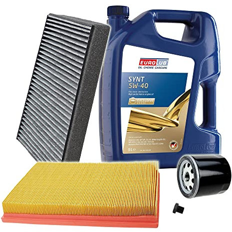 BESTPRICE Inspektionspaket Filterset mit 1x Ölfilter; 1x Luftfilter; 1x Innenraumfilter (Aktivkohle); 1x Ölablassschraube; 1x Motoröl 5W-40 EUROLUB SYNT SAE 5 l