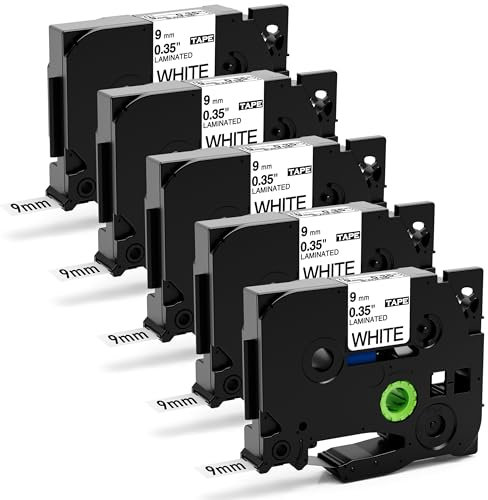 Aken Kompatibel mit TZe221 9mm Schriftband für Brother P touch Bänder 9mm Schwarz auf Weiß TZe-221 TZ-221, für Beschriftungsgerät Brother P touch 1000 1010 1280 H105 H110 D400 D600 Cube, 5er Packung