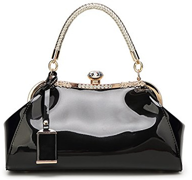 Coolives Damen Tasche Handtasche aus PU-Lackleder Henkeltasche Schultertasche Umhängetasche für die Hochzeit Schwarz EINWEG