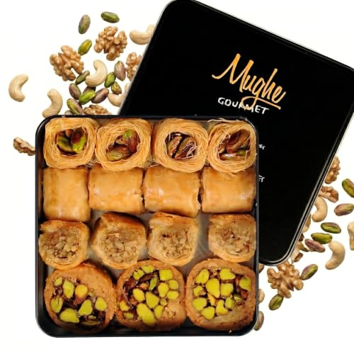 Mughe Gourmet Caja de Baklava Turco Premium, 250g Surtido de Dulces Artesanales (4 Sabores) en Lata Metálica Elegante