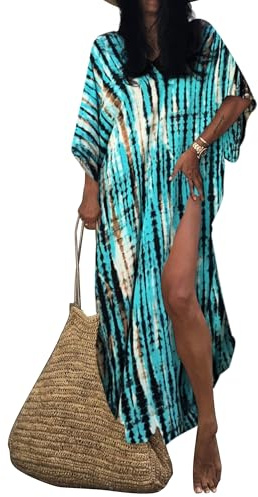 Bsubseach Kaftan, strandklänning, plusstorlek, kortärmad, kaftan, lång tunika, Djellaba, semester, slitage, fritidskläder, C-blått tryck, One Size