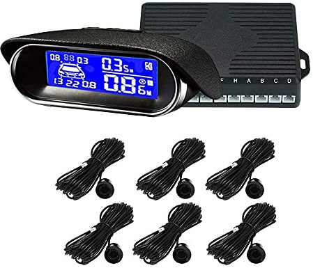 Riloer Car Reversing Kit de détecteur de parkradar avec écran numérique LCD + capteur de secours 6 + boîte de contrôle numérique avec message d'alarme