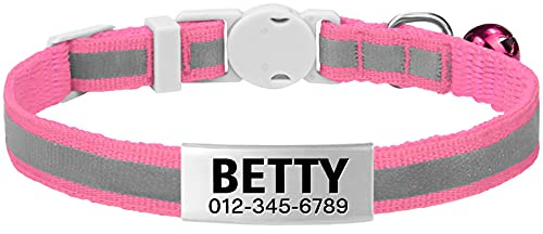 TagME Reflektierend Katzenhalsband mit Glöckchen und Sicherheitsverschluss, Personalisiert ID Namen, Verstellbar Halsband Katze Kitten, 1 STÜCK, Pink
