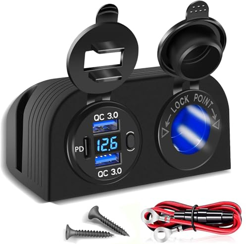 [Upgraded] Tent Type Panel 12V USB Outlet, Quick Charge PD3.0& Dual USB 3.0 Car Charger with LED Voltmeter & Switch+12V/24V Cigarette Lighter Socket for Car Motorcycle Boat Marine ATV RV