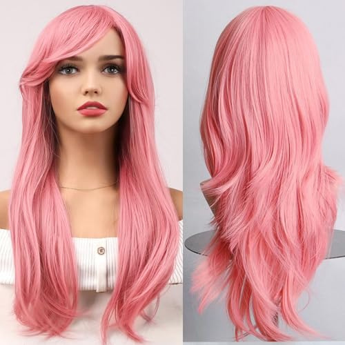 Colorful panda 28 tum/70 cm rosa lång lockig vågig cosplay peruker för kvinnor Flickor Barn Anime kostym fest Halloween karneval peruk värmebeständigt syntetiskt hår