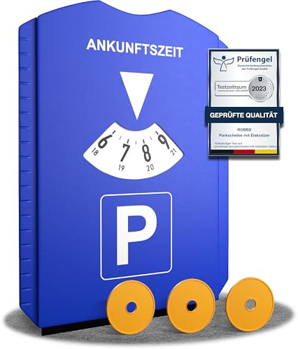 ROBBX® Parkscheibe mit Eiskratzer & 3 Einkaufschips, StVZO | Parkuhr, Parkkarte, Parking Disc, für Auto & Motorrad, ABS, hitzebeständig bis 95°C, multifunktional