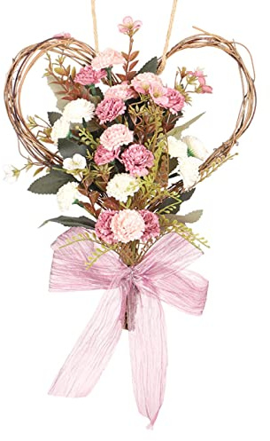 balikha Heart-Shaped Carnation Flower Wreath Garland Door Hanging Ornament, Leaves Door Wreath for Thanksgiving Decoration Indoor Outdoor Home Gifts - Pink