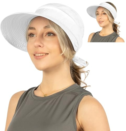 SUN CUBE Women Sun Hat for Outdoor UV Protection, Wide Brim Sun Hat Ponytail, Convertible Zip-Off Beach Hat Visor for Golf Gardening Pool Travel, Foldable Summer UPF50+ Visor Hat, White