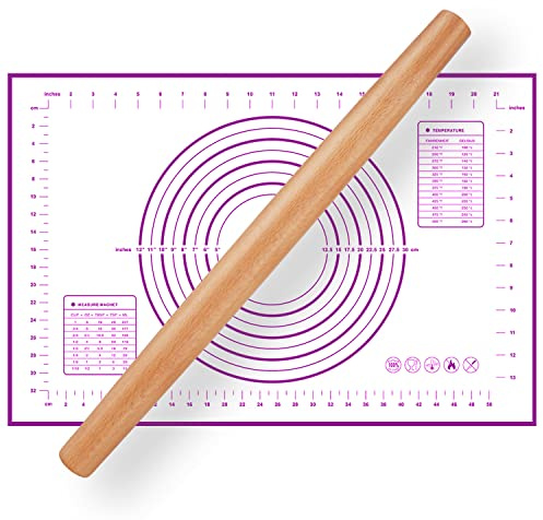 QUELLANCE 16 Inch Wood Rolling Pin for Baking, Wooden French Dough Roller with Purple Silicone Pastry Mat, Beech Wood Rolling Pins for Baking Dough, Pizza, Pie, Pastries, Pasta and Cookies