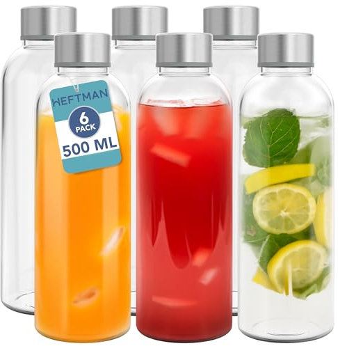 HEFTMAN Lot de 6 Bouteille Verre 500ml - Bouteille en Verre 500ml avec Couvercles Hermétiques et Brosse de Nettoyage - Bouteilles en Verre Vides pour Boissons, Eau, Smoothies, Jus, Vinaigrettes
