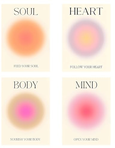 4 Stück Aura Poster Set Leinwand Bilder Aura Bilder Body Mind Soul Heart Aesthetic Style Colorful Gradient Aura Angel Numbers Poster Sets for Room Wandbilder Wohnzimmer Schlafzimmer Deko Bild