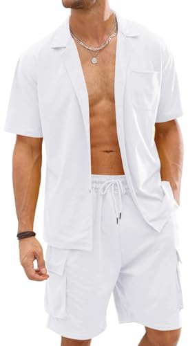 Fastkoala Herren Trainingsanzug Outfit Set Zweiteiler Knopf Anzüge Sommer Hemden & Kurze Jogginganzüge 2 Teiler Weiß XL