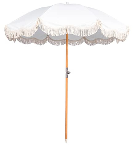 Mansader 2M Boho Strandschirm mit Fransen, UPF 50+ Quasten-Sonnenschirme mit Tragetasche, Premium-Holzstange, faltbar, Terrassenschirm für Outdoor, Garten, Rasen, Pool, Hof, Tisch, Weiß