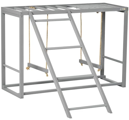 PawHut Chicken Activity Play Set with Swing, Wooden Coop Accessory with Multiple Perches & Hen Ladder for 3-4 Chickens, Grey