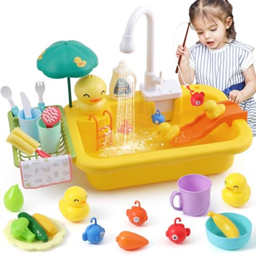 FRUSE Cucina Giocattolo per Bambini,Giocattolo Lavello da Cucina con Rubinetto Aggiornato,Gioco di Pesca e Accessori da Cucina,Lavandino Bambini,Giocattoli di Ruolo per ragazzi ragazze 3 4 5 6(Giallo)