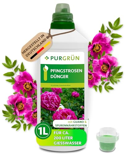 Purgrün® Pfingstrosen-Dünger 1 Liter – Für leuchtende Blüten & kräftiges Wachstum – Blumendünger mit Spurennährstoffen – Verbessert die Bodenqualität mit Guano – Konzentrat für 200 Liter Gießwasser