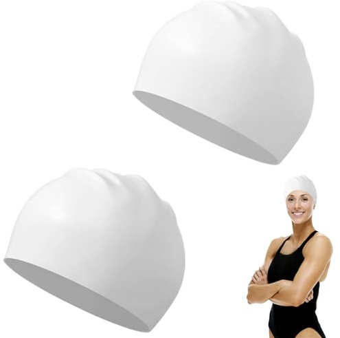 2 Pcs White Swimming Cap - Unisex Comfortable and Durable Swim Hats for Women - Stretchable Headband