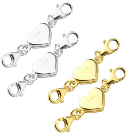 Zeayebsr 4 Unidades de Cadena de Plata de Ley 925 con Cierre magnético en Forma de corazón, para Collares, Cadena de extensión de Collar，Pulseras, Accesorios de fabricación de Joyas