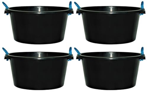 [SET OF 4] - 70L Litre BLACK Bucket with Rope Handles Plaster Mixing Bucket Muck Water Ideal For Construction, Animal Feeding Tub For Cleaning and Gardening.