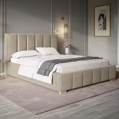 MOTIVENA Milan Bett 180x200 Beige Samt, mit Stauraum, mit Kopfteil, mit Lattenrost, mit Füßen, ohne Matratze, Polsterbett 180x200 mit Bettkasten Beige