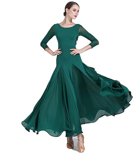 CHAGMEA Spitzen Walzer Tango Trainingskleider Für Damen Tanzkleidung Nach Nationalem Standard Mittelärmeliger Flamenco Foxtrott Übungsrock Moderne Bankettkostüme,Grün,S