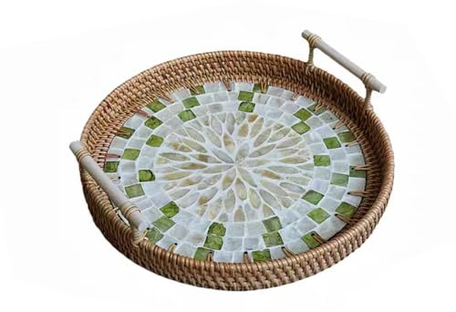 SLHEQING Rattan Serviertablett mit Griffen, Handgewebtes Wicker-Tablett Dekotablett Rund Aufbewahrungsplatten für Frühstück, Getränke, Snacks, Desserts, Brot, Kerze, Früchten (Weiß, 28cm Durchmesser)