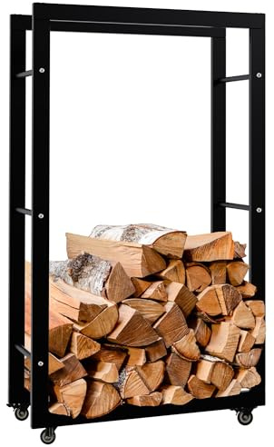 CLP Support de Bois de cheminée Keri avec roulettes I Étagère à Bois de cheminée en métal Noir I Rangement pour Bois de Chauffage, Couleur:Noir, Taille:25x60x100 cm