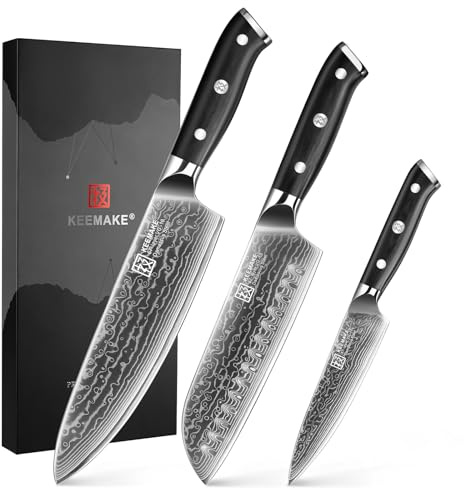 KEEMAKE Damascus Knife Set, 3 Piece Professional Kitchen Knives Set, Japanese Forged 67-Layer VG-10 Ultra Sharp Chef Knife, Santoku and Paring Knife with Ergonomic G10 Handle, Gift Box