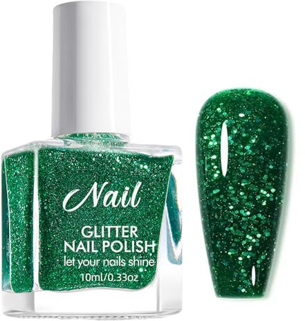Green Nail Polish, Flash Nail Varnish, Long-lasting Quick Dry Glitter Nail Varnish, Nail Polish Gel Low Odor Without UV Lamp Non-Toxic For Women Home DIY Nail Art Gift (Emerald Green, 10ML)