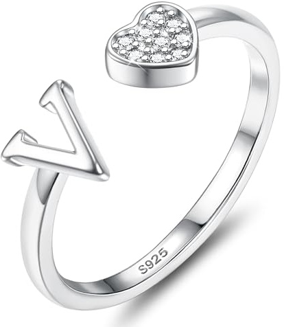 JeweBella Anillos Mujer Plata de Ley 925 con Iniciales A-Z Anillo de Corazón Ajustable Personalizado Anillos de Compromiso Alianzas Boda Anillo de Promesa Anillo Mujer Niña con Caja de Regalo