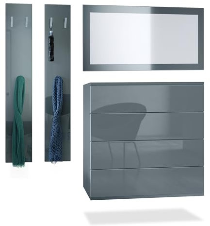 Vladon Garderoben-Set Horizon, bestehend aus 1 Kommode mit 4 Schubkästen, 1 Spiegel und 1 Wandpaneel Set, Anthrazit matt/Grau Hochglanz