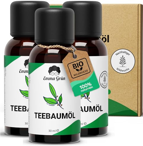 Emma Grün® Teebaumöl Ätherisches Öl 3x 30ml [100% NATURREIN] - Teebaum Diffuser Öl für Raumduft, Aroma Diffuser & Duftlampe - DIY Duftöl als Massageöl, Kerzen Duftöl & Seifenherstellung - Tea Tree Oil