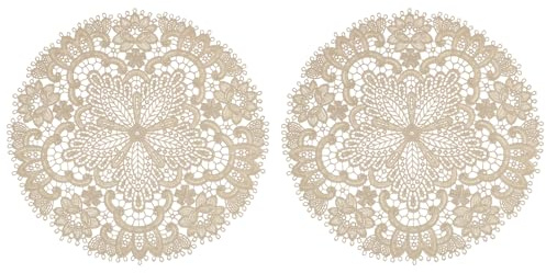 sourcing map 2Pcs Retro Lace Placemats, 10.6x10.6inch Round French Crochet Doilies Central Hollow Flower Vase Mat Coaster for Dining Table Home Decoration, Matte Brown