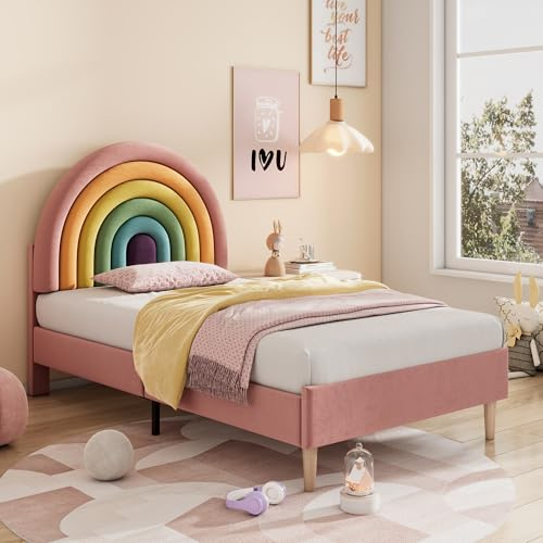LULUWA Velvet Upholstered Bed with Height-adjustable Rainbow Headboard and Slatted Frame for Adults & Teenagers Pink (90 x 190cm)