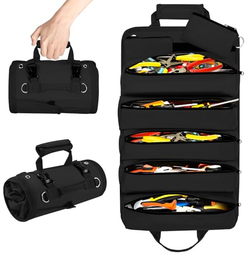 Homdat Werkzeug Rolltasche, Werkzeugtasche Klein für Schraubenschlüssel, Mehrzweck Werkzeugtasche mit 11 Fächern, Werkzeug Organizer für Schreiner, Tüftler, Elektriker, Klempner und Mehr (Schwarz)