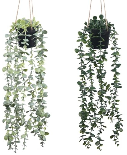 Olrla 2 plantas colgantes con macetas, plantas artificiales colgantes, plantas artificiales de eucalipto en maceta, plantas artificiales para decoración del hogar, jardín, oficina