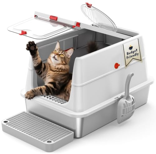BEST JAJA Stainless Steel Cat Litter Tray, Metal,Removable Flip Cover & Enclosed High-Sided Designs, XXL Cat Toilet | Odor Control | Anti-Leakage | Non-Stick Surface | with Scoop,Pedal (Grey)