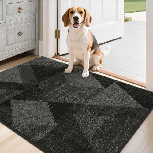 COSY HOMEER Dirt Trapper Door Mat for Indoor 60 x 90 cm, Dirt Trapper Front Door Mat, Polyester Welcome Mat Entrance Rug, Absorbent Non-Slip Indoor Doormat Machine Washable, Black