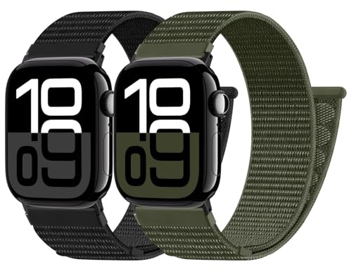 PIOWNN 2 Bracelets Nylon Compatible avec Bracelet Apple Watch 44mm 45mm 46mm 42mm 49mm - Sangle Sport en Tissu pour Homme Femme pour iWatch Series 10 9 8 7 SE 6 5 4 3 2 1 Ultra, Noir Vert Armée