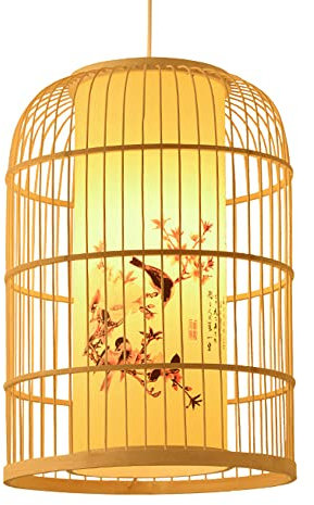 Lampada a Sospensione cilindrica in bambù con Motivo Floreale, Lampada a Sospensione a Forma di Cesto, Lampada Industriale in Vimini, Lampada da soffitto Beige in Stile Fattoria per Sala da pranz