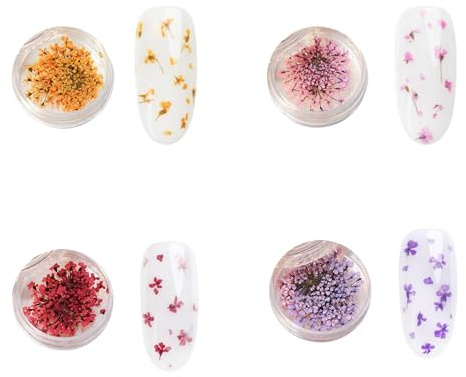 DIFLAX 4 Stück Nail Art Flowers Set, Trockenblumen, Nageldesign Zubehör, Nagel Dekorationen, Nail Decoration, Gelnägel Zubehör, Getrocknete Blüten für DIY Nagelkunst Make up (Rosa, Lila, Orange, Rot)