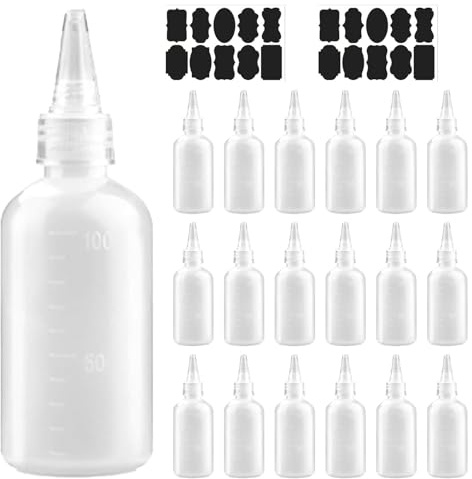 RPHONGHONG 18 Stück Quetschflasche, 100ml Squeeze Flasche Klein Dosierflasche Saucenflasche Spritzflaschen mit Etiketten für Flüssigkeiten öl Sauce Pigment-Aufbewahrungsflaschen Dressingshaker